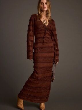 SINCERLY JULES Espresso Brown Lace Boho Festival Long Sleeve Maxi Dress NWT M